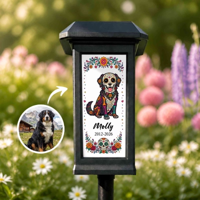 Personalized Flower Sugar Skull Pet Photo Solar Garden Light with Name, Garden Use, Memorial Day of the Dead Gift for Pet Owners/Lovers