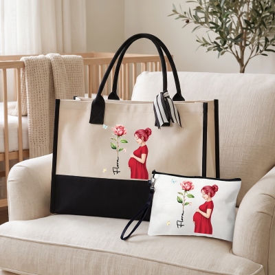 Personalized 3D-Style Art Pregnant Mom Character Birth Flower Tote Bag Portable Makeup Bag with Name, Baby Shower Gift for Expecting Mothers