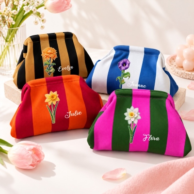 Custom Name Beaded Effect Birth Flower Striped Knit Makeup Pouch, No‑zipper Spring Closure Cosmetic Bag, Birthday/Wedding Gift for Her/Mom/Bridesmaids