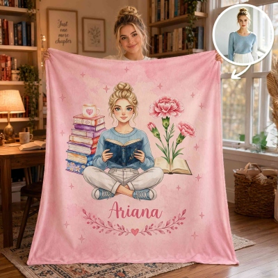 Personalized Watercolor Reading Character Photo Birth Flower Soft Throw Blanket with Name, Home Decor, Birthday Gift for Book Lovers/Readers