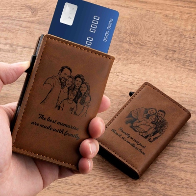 Personalized Family Photo Sketch Portrait RFID Blocking Pop-Up Card Holder, Leather Men’s Wallet, Birthday/Father’s Day Gift for Him/Dad/Husband