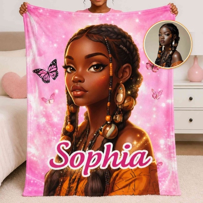 Personalized Cartoon Character Black Kid Photo Soft Throw Blanket with Name, Bedroom Decor, Birthday Gift for Black Kids