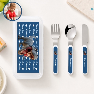 Personalized Cartoon Dinosaur Kid Character Photo Fork Spoon Knife 3 Pcs Cutlery Set with Name and Case, Back to School, Birthday Gift for Boys/Girls
