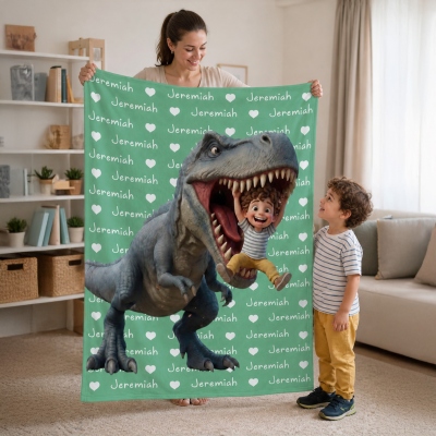 Personalized 3D-Effect Artwork Cartoon Dinosaur Kid Character Photo Soft Throw Blanket with Name, Home Decor, Back to School, Birthday Gift for Kid