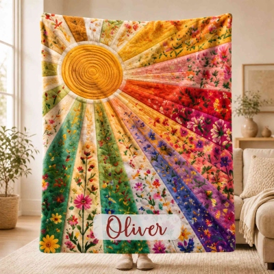 Personalized Name Rainbow Sunlight Nature Landscape Blanket, Flannel/Sherpa Bed Couch Throw, Home Decor, Housewarming/Birthday Gift for Family/Friends