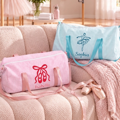 Personalized Ballet-Inspired Mini Seersucker Duffle Bag with Name, Girl’s Overnight Dance Bag, Travel/Birthday Gift for Ballerinas/Ballet Lovers