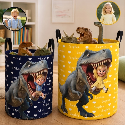 Personalized 3D-Effect Artwork Cartoon Character Photo Dinosaur Waterproof Storage Basket with Name, Christmas Birthday Gift for Dinosaur Lover