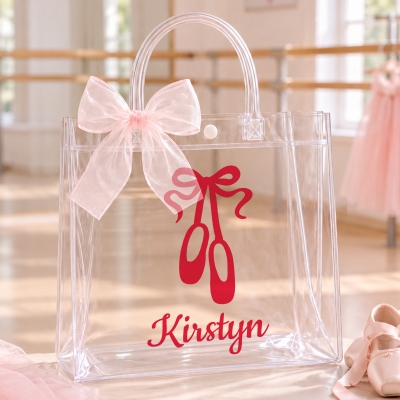 Personalized Name Ballet Themed Gift Bag with Bow Ribbon, PVC Transparent Tote Bag, Daily Use/Birthday/Christmas Gift for Girls/Ballet Lovers