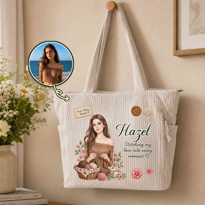 Personalized Knitting Character Photo Flower Large Capacity Corduroy Tote Bag with Name and Text, Daily Use, Birthday Gift for Knitting Lovers/Crafters