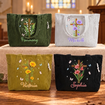 Personalized Birth Flower Cross Corduroy Tote Bag with Name, Large Capacity Zippered Church Shoulder Bag with Side Pockets, Gift for Christian Women