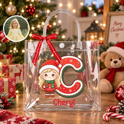 Personalized Christmas Theme Cartoon Character Photo Transparent Gift Bag with Name Initial and Bow, Christmas Gift for Kids/Boys/Girls