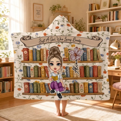 Personalized Birth Flower Cartoon Reading Character Soft Throw Hooded Blanket with Name and Text, Birthday Gift for Librarians/Book Lovers