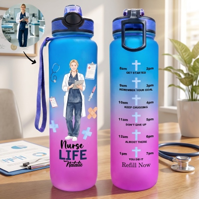 Personalized Nurse Life Photo Gradient BPA-Free 32 oz Water Bottle with Flip-Top Lid and Time Markers, Birthday/Appreciation Gift for Nurse