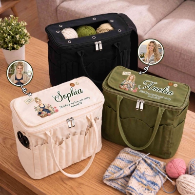 Personalized Cartoon Character Large Canvas Knitting Yarn Storage Bag with Name and Needle Pockets, Daily Use, Birthday Gift for Knitters/Crocheters