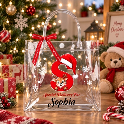 Personalized Name Snowflake Reindeer Santa Hat Alphabet Christmas Gift Bag with Ribbon, PVC Transparent Tote Bag, Christmas Gift for Kids/Grandkids