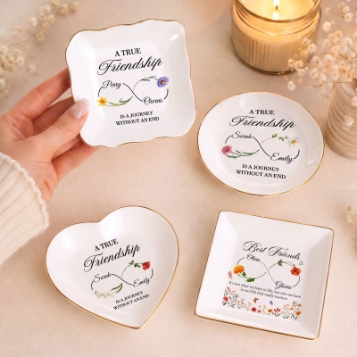 Personalized Names Birth Flowers Infinity of Friendship Jewelry Dish, Ceramic Trinket Tray, Bridal Shower Favor, Wedding/Anniversary Gift for Besties