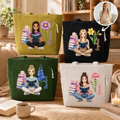 Personalized 3D-Style Art Birth Flower Reading Photo Large Capacity Corduroy Tote Bag with Name, Birthday/Christmas Gift for Librarians Book Lovers