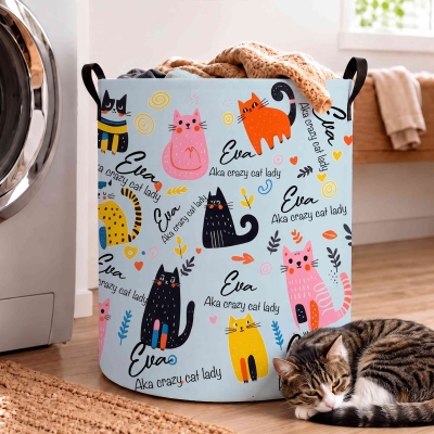 Personalized Name Aka Crazy Pet Lady Dogs/Cats Storage Basket with Handles, Waterproof Large Capacity Laundry Basket, Housewarming Gift for Pet Lovers