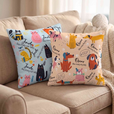 Custom Name Aka Crazy Pet Lady Cartoon Dogs/Cats Throw Pillow Cover, Pillowcase with Optional Insert, Birthday/Christmas Gift for Dog Mom/Cat Mom