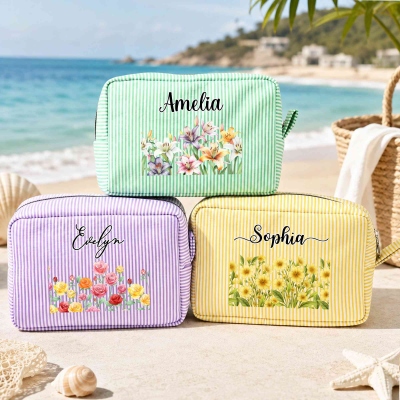 Custom Name & Birth Flower Striped Travel Makeup Bag, Women’s Toiletry Pouch, Bridal Shower Favor, Birthday/Christmas/Wedding Gift for Her/Bridesmaids