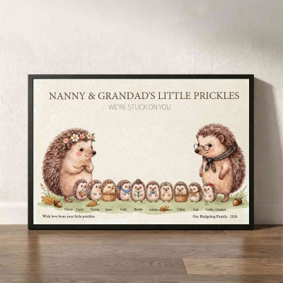 Personalized Cute Hedgehog Family Canvas Poster/Frameless/Framed Painting with Names & Year, Home Decor, Birthday/Christmas Gift for Family/Grandma