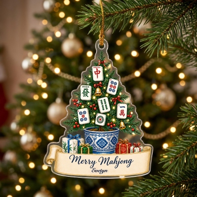Personalized Mahjong Tiles Christmas Tree Shaped Acrylic Ornament with Name, Holiday Decor, Mahjong Club Keepsake, Christmas Gift for Mahjong Lovers