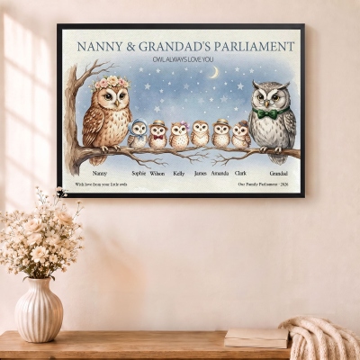 Personalized Cartoon Owl Family Canvas Poster/Frameless/Framed Painting with Names & Year, Home Decor, Birthday/Christmas Gift for Family/Grandparents