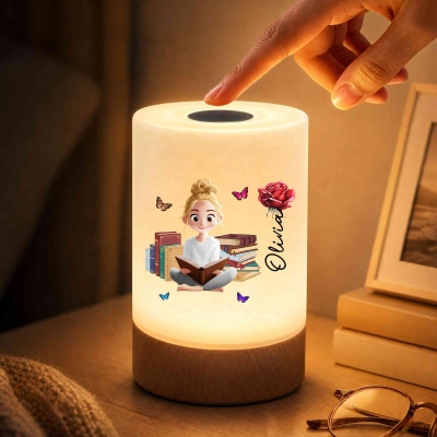 Personalized Reading Character Birth Flower Dimmable Touch Control LED Night Light with Name and Remote, Bedroom Decor, Birthday Gift for Book Lover