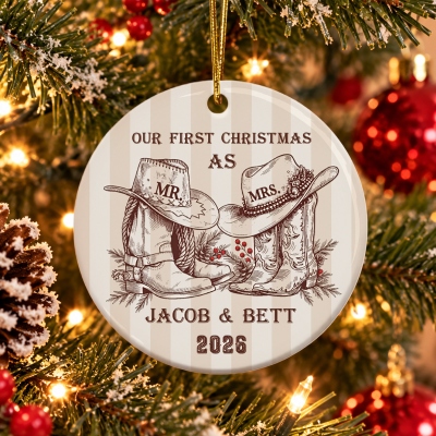 Personalized Our First Christmas as Mr & Mrs Cowboy Boots Round Ceramic Ornament with Name & Year, Holiday Tree Decor, Christmas Gift for Newlyweds