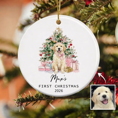 Personalized Watercolor Pet Photo Adorable Ceramic Ornament with Name and Year, Hanging Decoration, Christmas Gift for Pet Owners Lovers