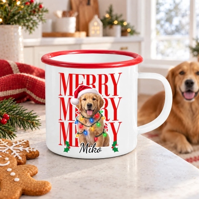 Personalized Pet Photo Colorful Lights Enamel Mug with Name, 12oz Shatterproof Cup with Handle, Cocoa Milk Coffee Mug, Christmas Gift for Pet Owners