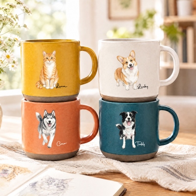 Personalized Watercolor Pet Portrait Ceramic Coffee Mug with Name, Daily Use, Birthday Gift for Pet Owners Lovers