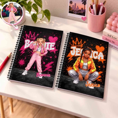 Personalized Vibrant Graffiti Crown Heart Cartoon Character Photo A5 Spiral Notebook with Name, Birthday Gift for Teenagers/Graffiti Lovers