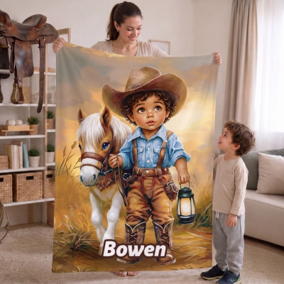 Personalized Western Cowboy Cowgirl Photo Pony Lantern Soft Throw Blanket with Name, Home Decor, Birthday Gift for Boys/Girls