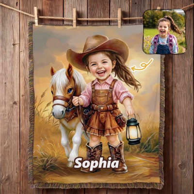Personalized Horse Western Cowboy Style Cartoon Character Tassel Soft Throw Blanket with Name, Home Decor, Birthday Gift for Kids/Boys/Girls