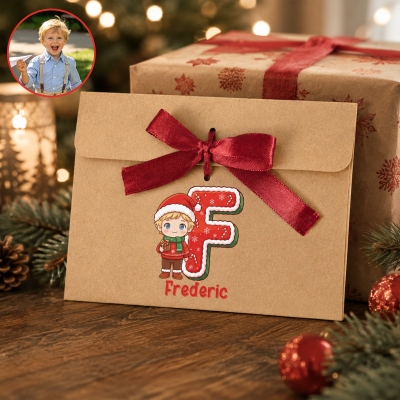 Personalized Christmas Style Cartoon Kid Photo 2 Pcs Money Envelopes with Ribbon and Name, Christmas Gift for Kids/Friends