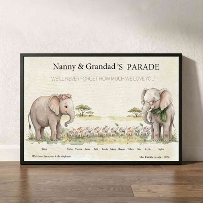 Personalized Cartoon Elephant Family Canvas Poster/Frameless/Framed Painting with Names & Year, Home Decor, Birthday/Christmas Gift for Grandparents