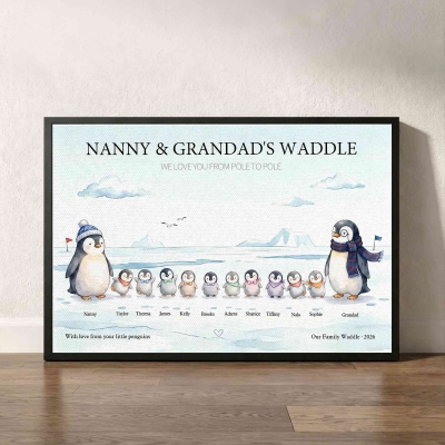 Personalized Names & Year Cartoon Penguin Family Canvas Poster/Frameless/Framed Painting, Home Decor, Birthday/Christmas Gift for Family/Grandparents