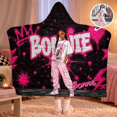 Personalized Cartoon Character Photo Graffiti Style Soft Hooded Blanket with Name, Home Decor, Birthday Gift for Teenagers Graffiti Lovers