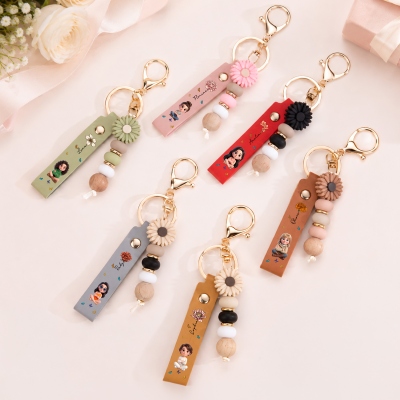 Personalized Birth Flower Photo Design PU Leather Keychain with Name and Daisy Bead, Pendant Wedding Party/Birthday Gift for Bridesmaids/Women