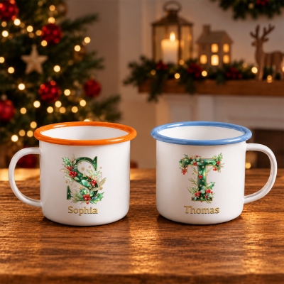 Personalized Holly Alphabet Enamel Mug with Name, 12oz Shatterproof Cup with Handle, Cocoa Milk Mug, Stocking Stuffer, Christmas Gift for Kids
