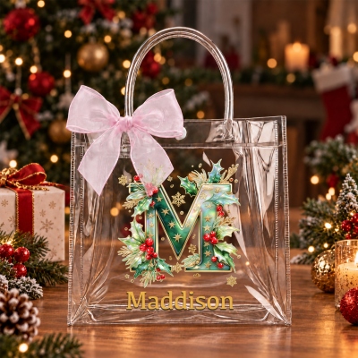 Personalized Name Holly Emerald Alphabet Christmas Gift Bag with Ribbon, PVC Transparent Tote Bag, Holiday Party Favor, Christmas Gift for Kids/Family