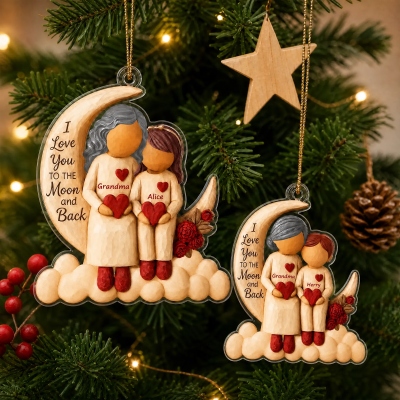 Personalized 3D-Effect Artwork Grandma Kid Cartoon Figure Crescent Moon Acrylic Ornament with Name, Christmas Gift for Grandma/Child/Family