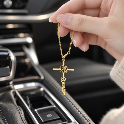 Personalized Name Enamel Birth Flower Cross Steering Wheel Chain, Christian Car Charm Accessories, Birthday/Baptism/Christmas Gift for Her/Mom/Grandma
