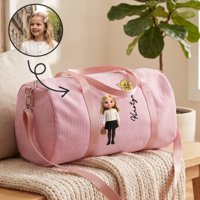 Personalized Birth Flower 3D-Effect Artwork Cartoon Character Large Seersucker Duffle Bag with Name, Travel Essential, Birthday Gift for Kids