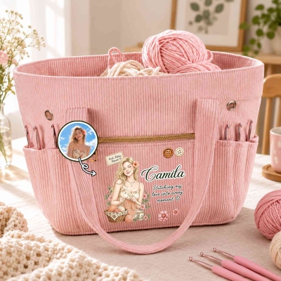 Personalized Knit Relax Repeat Watercolor Knitting Character Photo Crochet Corduroy Tote Bag with Name, Daily Use, Birthday Gift for Crochet Lovers