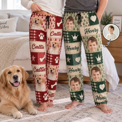 Personalized Multicolor Checkered Heart Bone Photos Soft Pajama Pants with Name, Home Wear, Birthday/Christmas Gift for Family/Pet Lovers