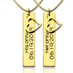 Couples Bar Necklace Engraved Name & Date 18K Gold Plated