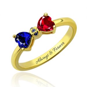 Personalized Heart Birthstones Bow Ring Gold Plated