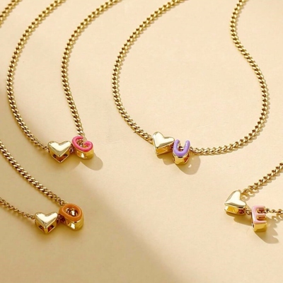 Personalized Rainbow Enamel Letter Necklace with Heart Charm, Dainty 3D Colorful Bubble Letter Pendant, Birthday Gift for Her/Girlfriend/Friends